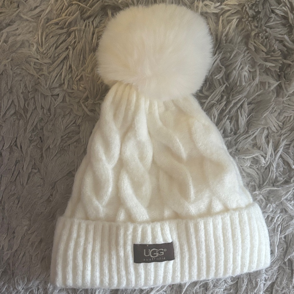 UGG Kids Cream Cable Knit Beanie with Pom-Pom